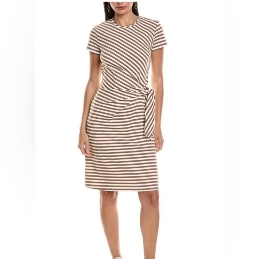 J. McLaughlin Elora Tie Dress Small Brown Stripe Gathered Knee Length Small